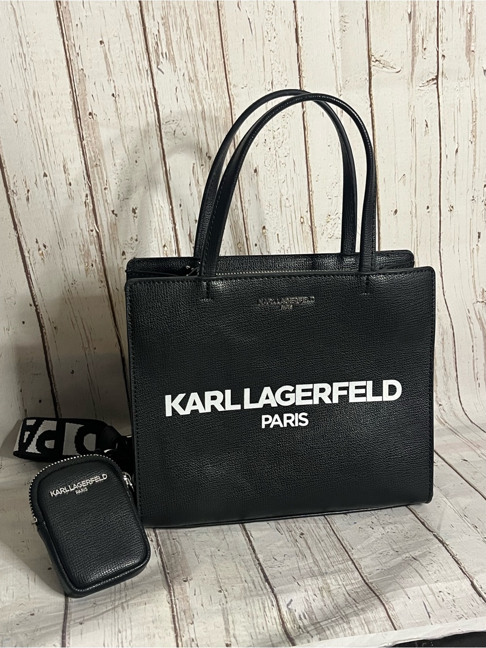 KARL LAGERFELD PARIS Black Pebbled Logo Tote Bag Zip Top Purse